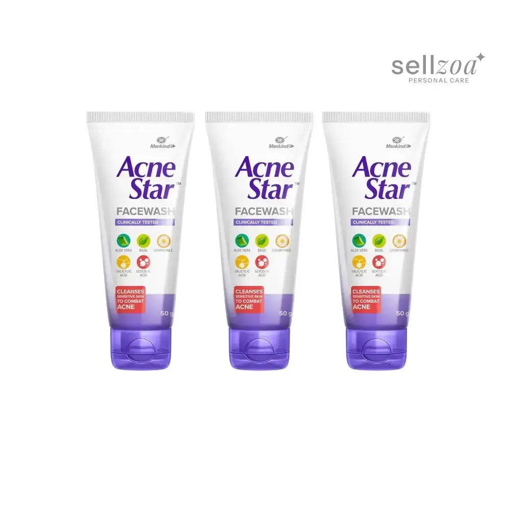 Mankind Acnestar Unisex Facewash 50g × 3 | Anti-Acne Face Gel with Salicylic & Glycolic Acid | For Oily & Acne-Prone Skin Sellzoa