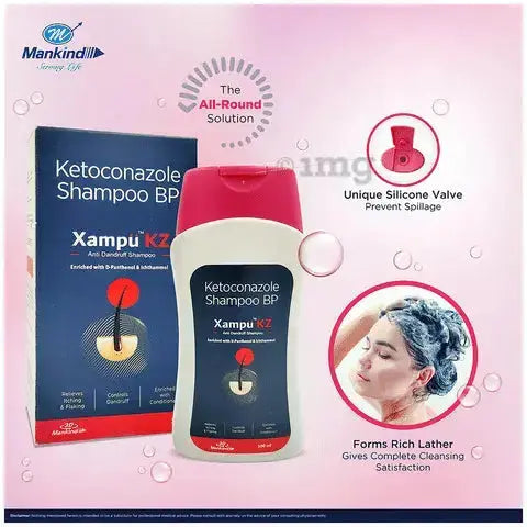 Ketoconazole shampoo packaging with Mankind logo on a pink background