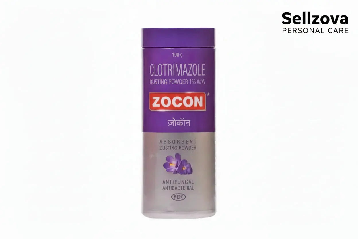 Zocon Clotrimazole dusting powder container on a white background
