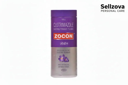 Zocon Clotrimazole dusting powder container on a white background