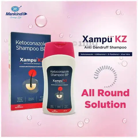 Xampö KZ anti dandruff shampoo bottle with packaging on a pink background