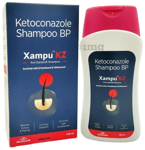 Xampu KZ Ketoconazole Shampoo BP packaging and bottle on a white background