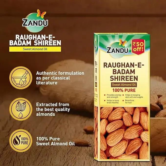 Zandu Raughan-E-Badam Shireen packaging with almonds on a wooden background