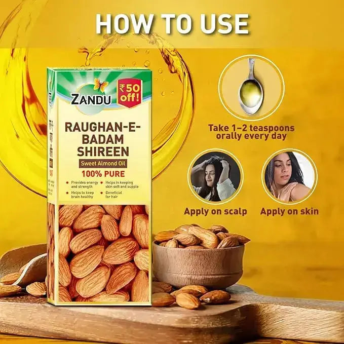 Zandu Raughan-E-Badam Shireen almond oil packaging with usage instructions on a yellow background