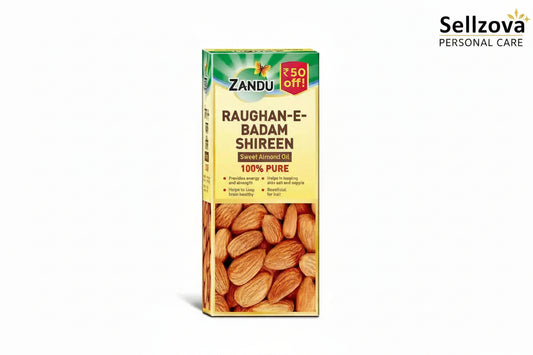 Zandu Raughan-E-Badam Shireen box with almonds on a white background