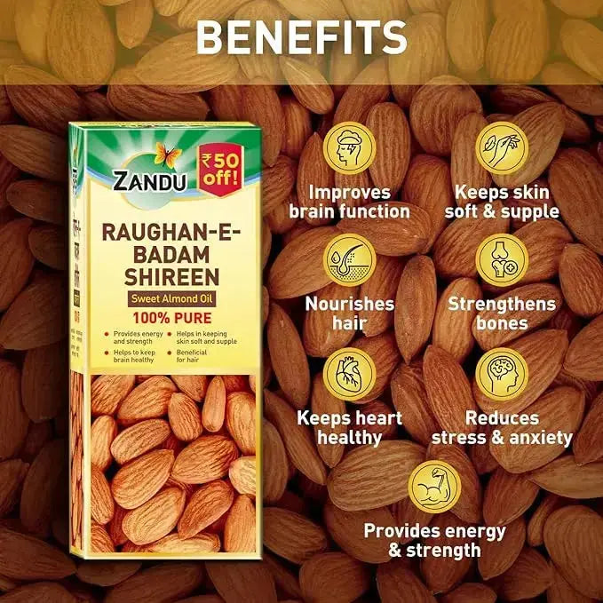 Zandu Raughan-E-Badam Shireen oil box surrounded by almonds with health benefits listed.