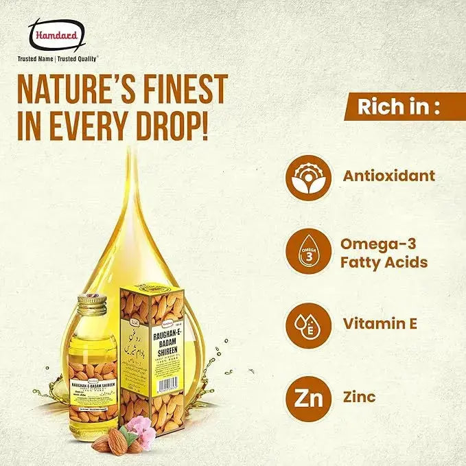 Hamdard Raughan-e-Badam Shireen 100ml | Pure Sweet Almond Oil for Skin, Hair & Wellness V2deliver.com