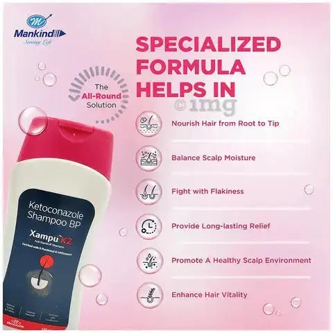 Ketoconazole shampoo bottle with Mankind logo on a pink background