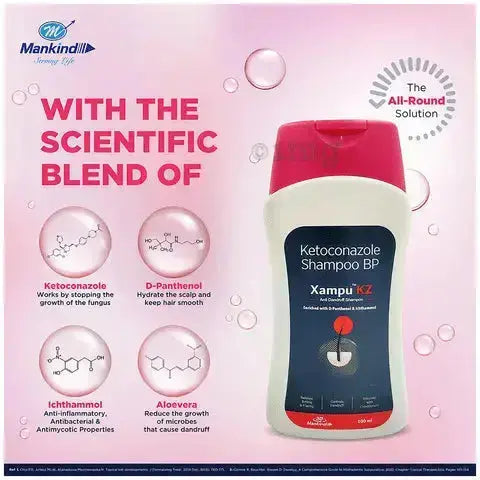 Ketoconazole Shampoo BP bottle with scientific blend information on a pink background