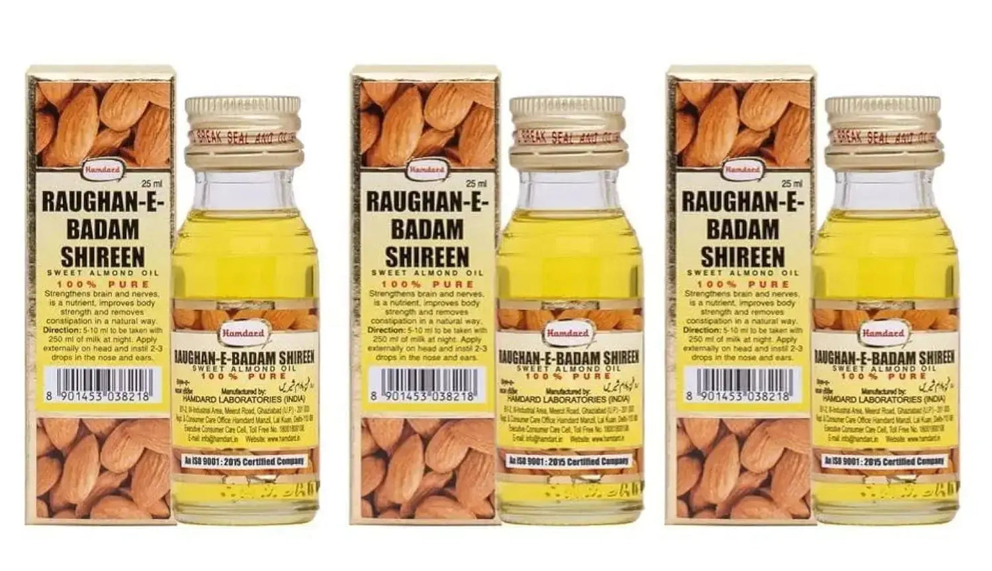 Hamdard Raughan-E-Badam Shireen 25ml (Pack of 3) | Natural Sweet Almond Oil for Skin, Hair & Body Wellness - Sellzova