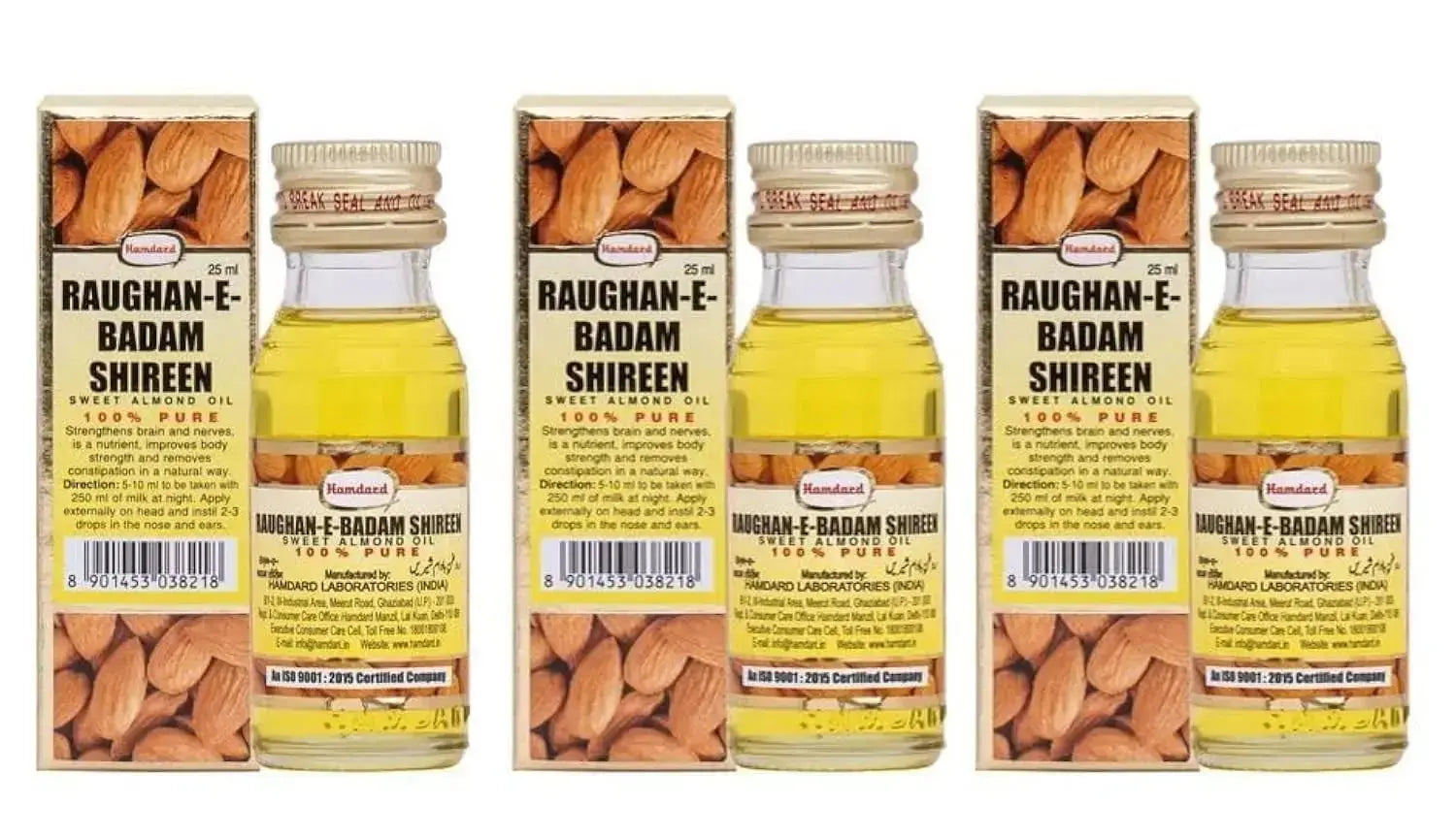 Hamdard Raughan-E-Badam Shireen 25ml (Pack of 3) | Natural Sweet Almond Oil for Skin, Hair & Body Wellness - Sellzova