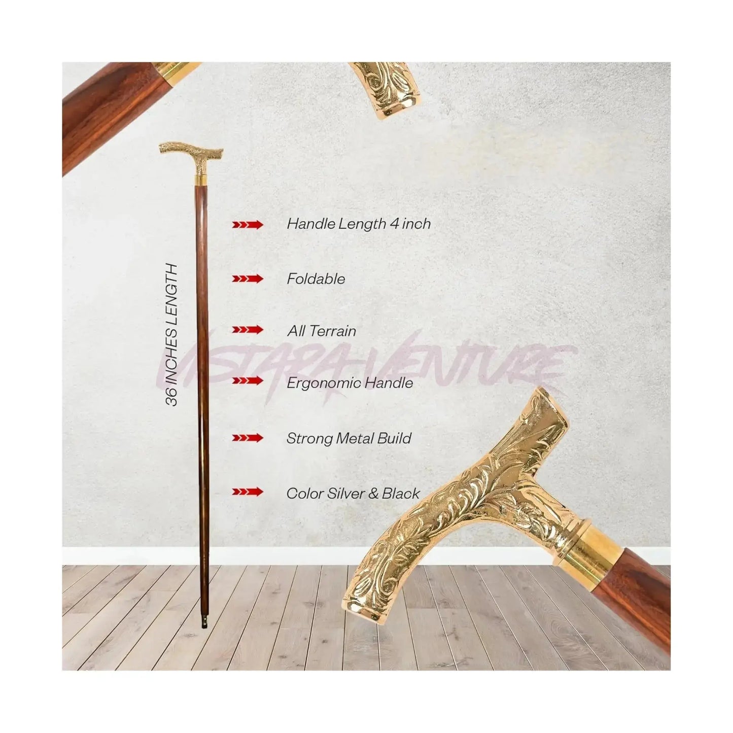 Walking Cane with Brass Handle – Handmade 36" Wooden Walking Stick for Men & Women – brass handle walking stick - Sellzova