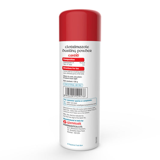 Red and white can of clotrimazole dusting powder on a white background