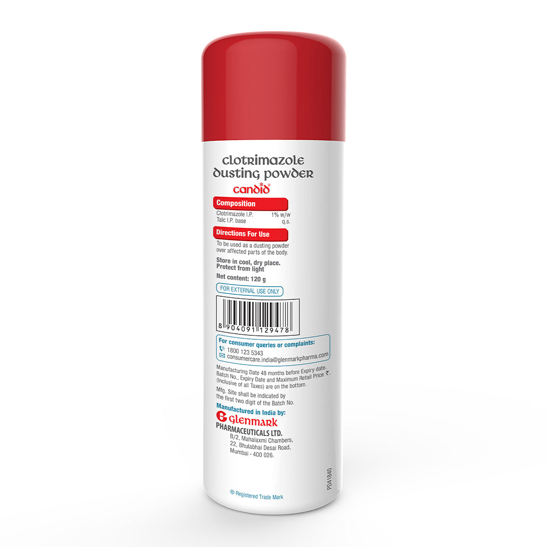 Red and white can of clotrimazole dusting powder on a white background