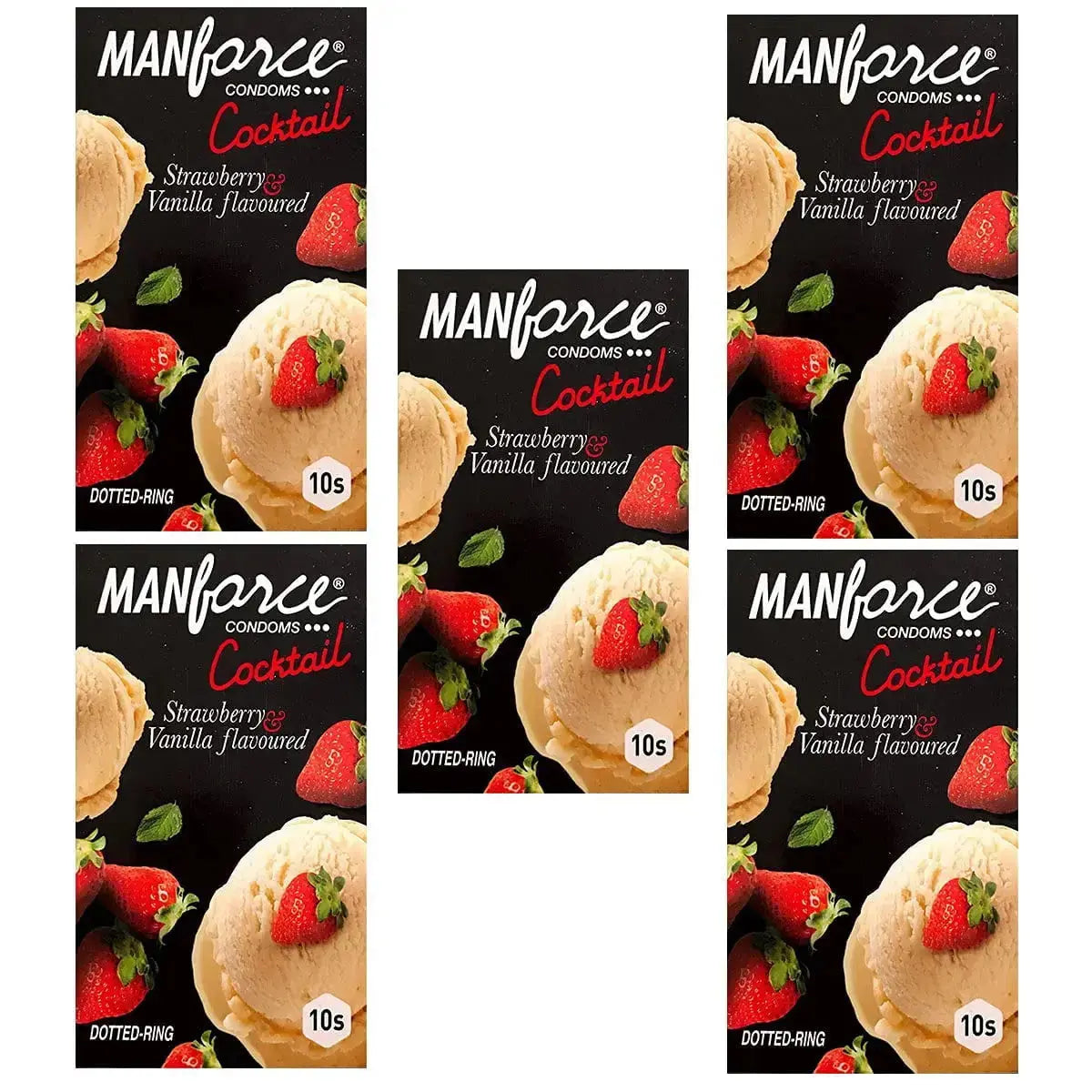 Manforce Condoms – Strawberry & Vanilla Cocktail, 10 Pcs (Set of 5) | Long-Lasting, Dotted & Flavored Latex Condoms for Men - Sellzova