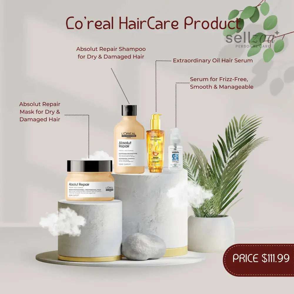 L’Oréal Professional Hair Care Combo | Absolute Repair Mask & Shampoo + Extraordinary Hair Oil Serum + Xtenso Serum Sellzoa